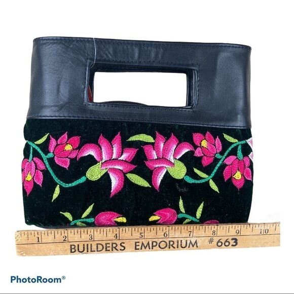 Embroidered Suede And Leather Hand Bag - Picture 3 of 9